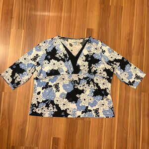 3/4 sleeve stretchy v neck blue and black floral layered wrap style blouse